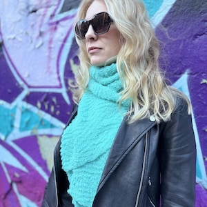 Knitted turquoise scarf, lace green blue shawl, wool ocean wave wrap