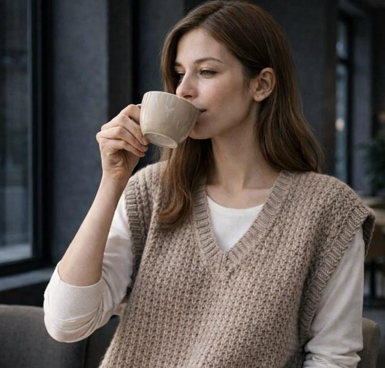 May include: A woman wearing a beige knitted vest over a white long-sleeved shirt, holding a beige mug to her lips. The vest has a V-neck and a textured knit pattern. The background is blurred, suggesting an indoor setting.