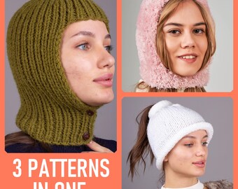 3 patterns in 1. Button balaclava pattern, Mini balaclava made of fur yarn pattern, Ponytail hat pattern