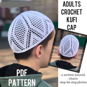 May include: A white crochet kufi cap with a geometric pattern. The pattern includes a written tutorial, charts, and step-by-step photos.  PDF pattern.