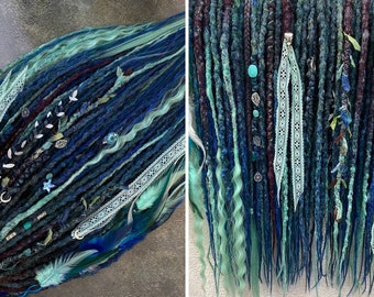 Blue turquoise synthetic textured DE or Se dreadlocks full set, bohemian ombre DE SE curly dreads, 20-22 inches crochet dreadlock extension