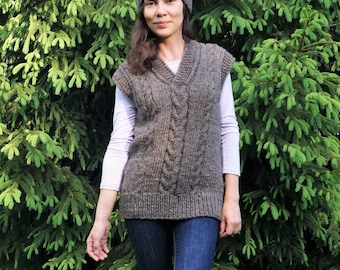 UNISEX - Handspun yarn - Cable knit sleeveless sweater – 100% Wool Sweater Vest, Heavy wool hand knitted vest, Eco friendly, Personalization