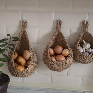 Crochet hanging wall basket vegetable fruits , Large hanging potato basket set , jute hanging basket , onion storage , kitchen basket