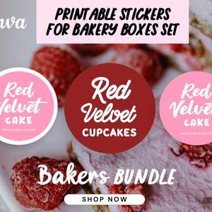 Printable Stickers For Bakery Box Set | Red Velvet Cake or Cookies | Cottage Law Label | Pink Beige Red | includes printable care guide