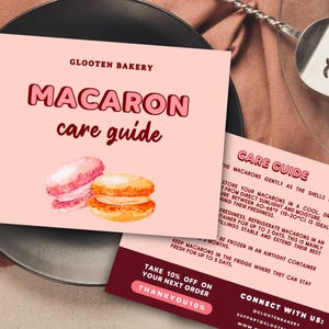 French Macaron Care Card Template | Small Business Owner Gift | 5.5 x 4.25&quot; | Canva Easy Editing | Small Bakery | Peachy Watercolor Design