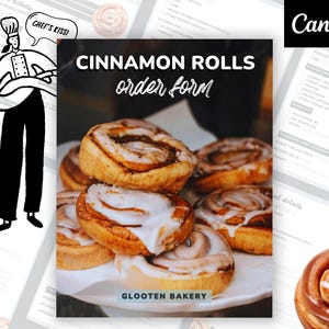 May include: A stack of freshly baked cinnamon rolls with white icing on a white plate. The image includes the text "CINNAMON ROLLS order form" and "GLOOTEN BAKERY". A cartoon chef is shown with a speech bubble that says "CHEF'S KISS!"