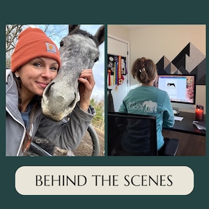 May include: A split image with the text "BEHIND THE SCENES" at the bottom. The left side shows a person wearing an orange beanie and gray jacket with a gray horse. The right side shows a person at a desk with a computer, wearing a blue shirt.