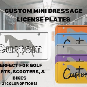 Personalisierbare Dressur kundenspezifische Mini-Kennzeichen, Pferdeshow-Golfwagen-Fahrradtrainer-Geschenk, Idee für Pferdesport, Sattelraum, kleines Stallschild