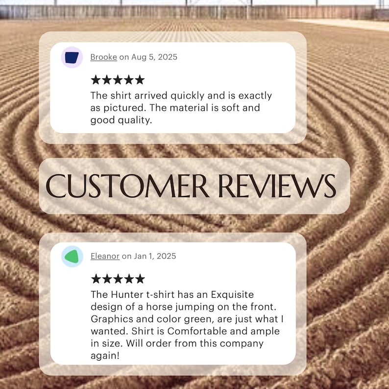 May include: Image of customer reviews. One review states the shirt arrived quickly and is exactly as pictured. Another review describes a Hunter t-shirt with a horse design, green graphics, and comfortable fit. The text "CUSTOMER REVIEWS" is also visible.