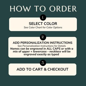 May include: An instructional graphic on a dark teal background with white text. The text reads "HOW TO ORDER" at the top. Steps include selecting a color, adding personalization instructions, and adding to cart & checkout.