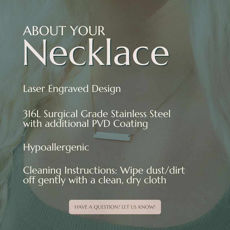 May include: A gold-colored necklace with a rectangular pendant is displayed. The image includes text that reads "ABOUT YOUR Necklace", "Laser Engraved Design", "316L Surgical Grade Stainless Steel", and "Hypoallergenic". The necklace is shown against a blurred background.
