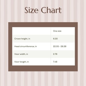 May include: A size chart with the text "Size Chart" at the top. The chart includes measurements for a hat, including crown height (6.30 inches), head circumference (22.05-26.38 inches), visor width (2.76 inches), and visor length (7.48 inches).