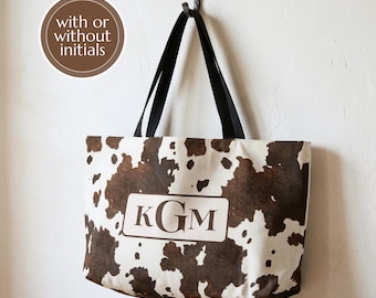 Cowhide Print Monogramed Tote Western Themed Personalized Weekender Bag Cow Pattern Tote Bag Gift Western Horseback Rider Tote Barn Mom Bag