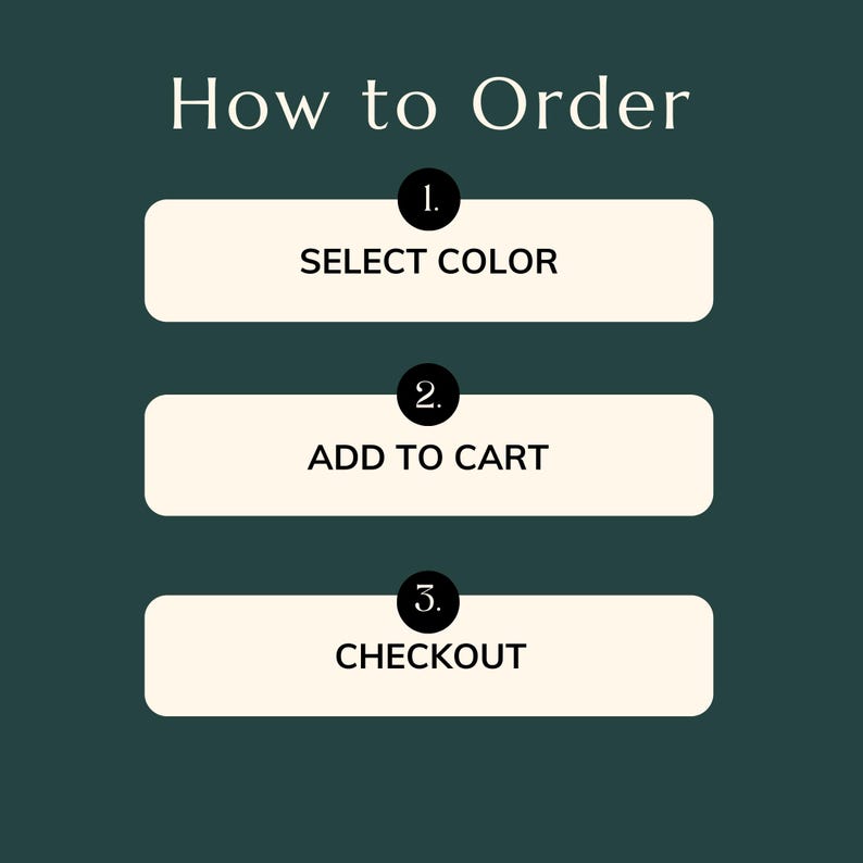 May include: An instructional graphic on a dark green background with the text "How to Order" in white. Three steps are listed: "SELECT COLOR", "ADD TO CART", and "CHECKOUT", each in a white rectangle with a black number.