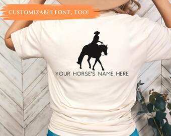 Personalized Horse Name or Barn Name Ranch Riding Shirt, Unisex Equestrian Tee with Custom Design, Gift for Trainer, Reining, Cowgirl Tshirt