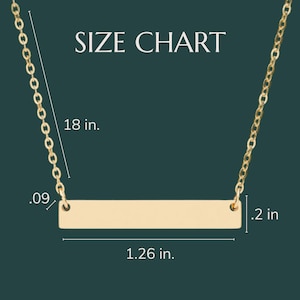 May include: A gold-colored bar necklace with a delicate chain. The bar is 1.26 inches long and .2 inches wide. The chain is 18 inches long. The image includes the text "SIZE CHART" and measurements in inches.