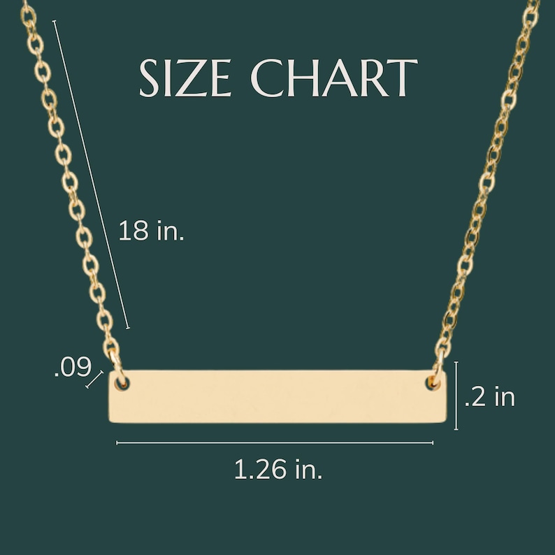 May include: A gold-colored bar necklace with a delicate chain. The bar is 1.26 inches long and .2 inches wide. The chain is 18 inches long. The image includes the text "SIZE CHART" and measurements in inches.