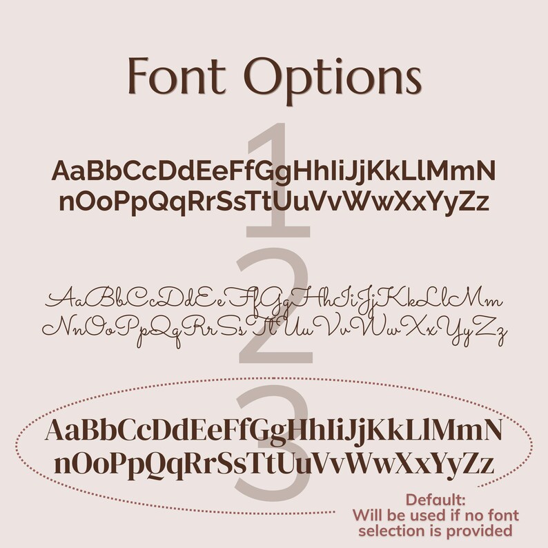 May include: Image showing font options, with three numbered examples. The top font is bold and sans-serif. The second is cursive. The third is a bold, sans-serif font, with the text "Default: Will be used if no font selection is provided."