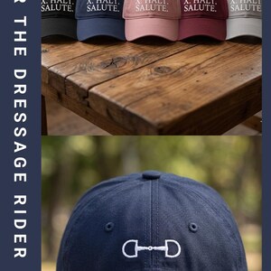 May include: Baseball caps in black, navy, pink, burgundy, and gray with the text "X. HALT. SALUTE." on the front. The navy cap has a white bit design on the back. Apparel for the dressage rider.