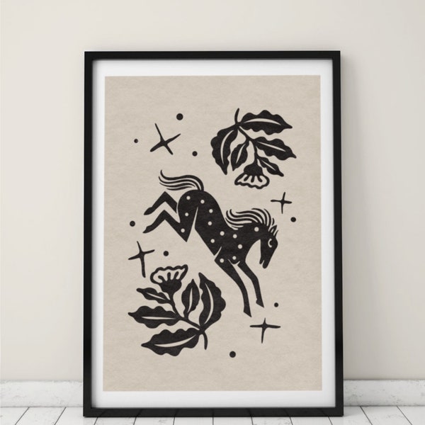 A3 format Lino cut graphic style printable wall art LUCKY HORSE