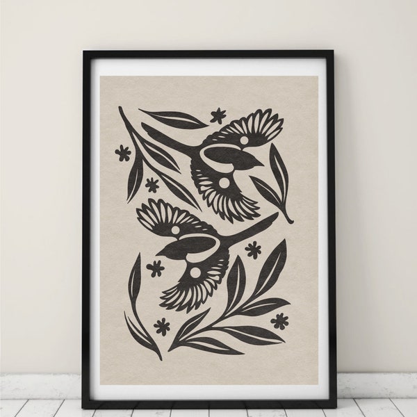 A3 format Lino cut graphic style printable wall art LUCKY SWALLOW BIRD