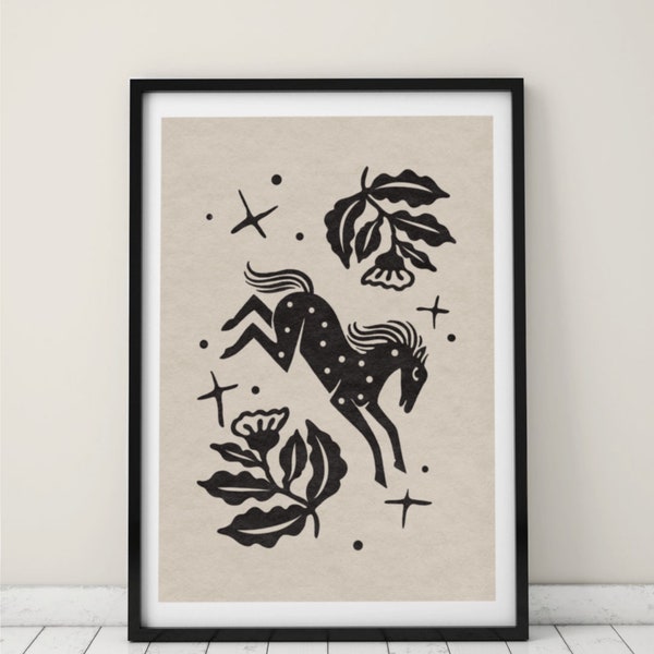 A2 format Lino cut graphic style printable wall art LUCKY HORSE