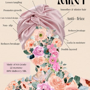 Puede incluir: Un turbante de satén rosa con un diseño floral. El turbante está hecho de seda de morera de grado 6A y es de doble capa. Es transpirable, reduce la pérdida de cabello y ayuda a prevenir enredos y frizz.