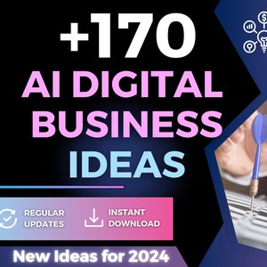 May include: A blue dart hits the bullseye of a dartboard. The background is black with a pink and blue graphic that says " +170 AI DIGITAL BUSINESS IDEAS" and "New Ideas for 2024".
