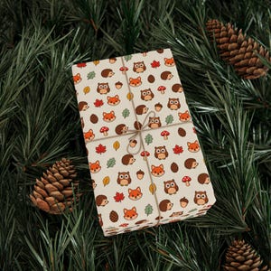 Papel de regalo Amigos del Bosque — Lindo papel de regalo de otoño, zorros, erizos y búhos, papel de regalo de animales de otoño imagen 19