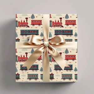 May include: A wrapped gift box with a cream-colored paper featuring a repeating pattern of red and blue trains, trees, and stars. A gold satin ribbon and bow are tied around the box. The gift wrap has a vintage, whimsical feel.