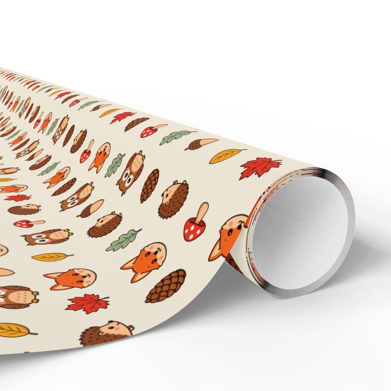 Papel de regalo Amigos del Bosque — Lindo papel de regalo de otoño, zorros, erizos y búhos, papel de regalo de animales de otoño imagen 2
