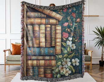 Bücherregal gewebte Decke, Vintage Buch und Blumen Wandteppich, literarische Dekoration