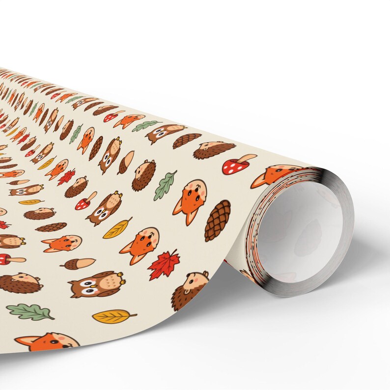 Papel de regalo Amigos del Bosque — Lindo papel de regalo de otoño, zorros, erizos y búhos, papel de regalo de animales de otoño imagen 4