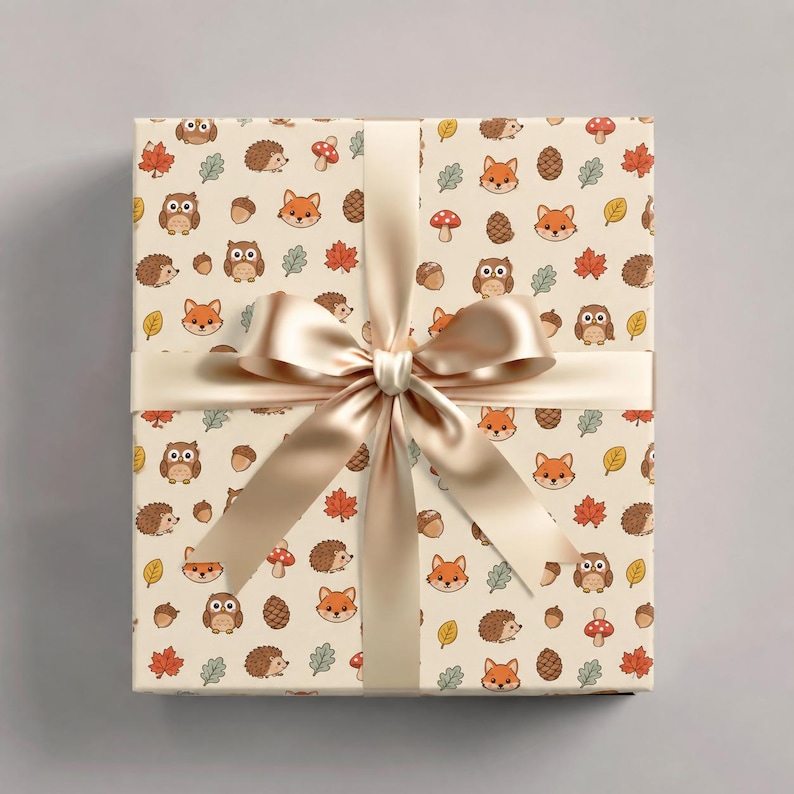 Papel de regalo Amigos del Bosque — Lindo papel de regalo de otoño, zorros, erizos y búhos, papel de regalo de animales de otoño imagen 1