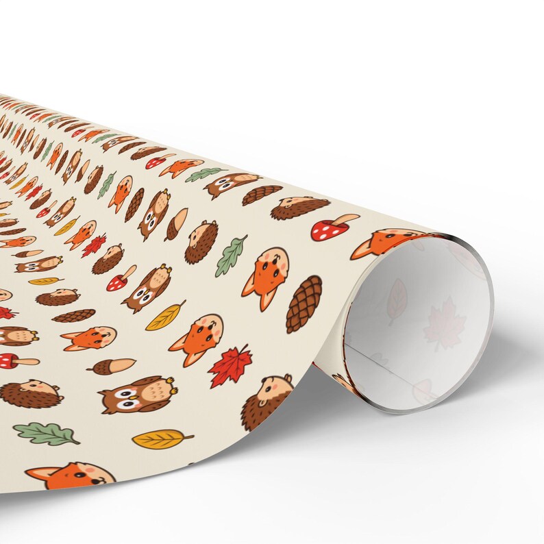 Papel de regalo Amigos del Bosque — Lindo papel de regalo de otoño, zorros, erizos y búhos, papel de regalo de animales de otoño imagen 10