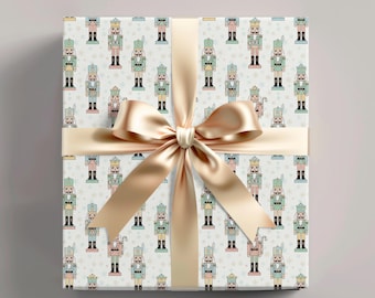 Nutcracker Wrapping Paper, Pastel Christmas Gift Wrap, Pink and Mint Nutcrackers, Cute Holiday Wrap Roll, Matte or Glossy