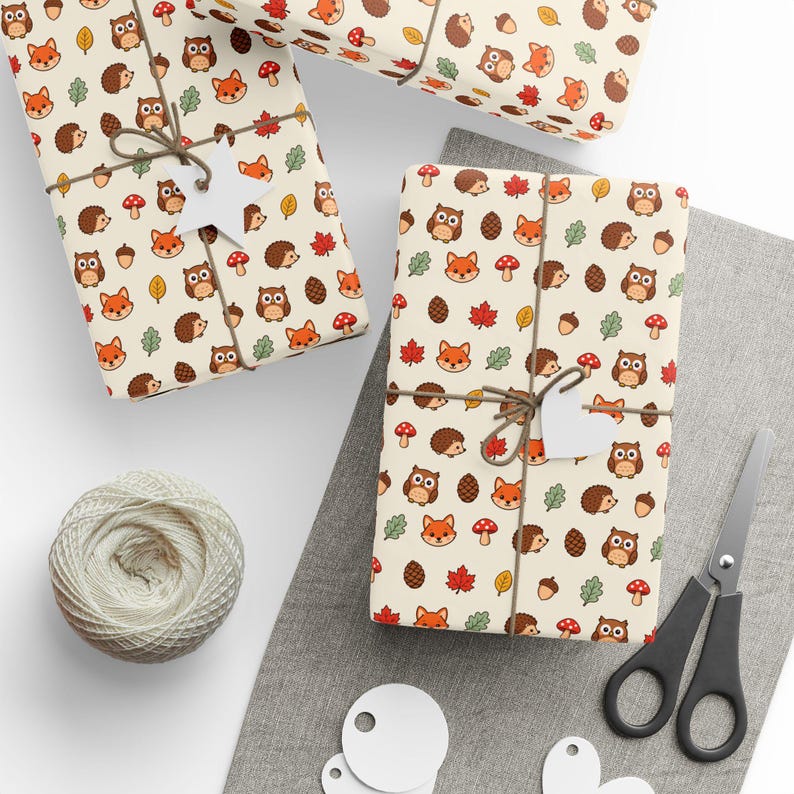 Papel de regalo Amigos del Bosque — Lindo papel de regalo de otoño, zorros, erizos y búhos, papel de regalo de animales de otoño imagen 5