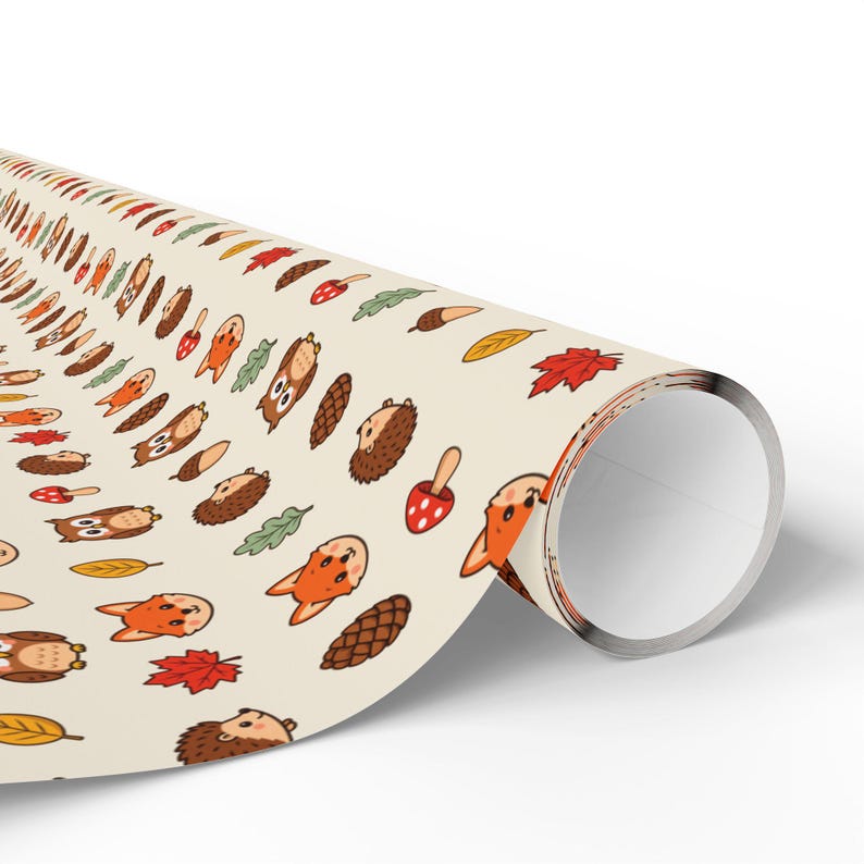 Papel de regalo Amigos del Bosque — Lindo papel de regalo de otoño, zorros, erizos y búhos, papel de regalo de animales de otoño imagen 16