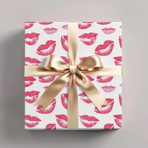 Kiss Kiss Wrapping Paper, Valentine&#39;s Day, Romantic Kisses Design, Cute Sweet Love Gift Wrap, Lipstick Kisses Patterned Paper Roll