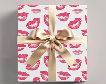 キスキスラッピングペーパー、バレンタインデー、ロマンチックなキスデザイン、かわいい甘い愛のギフトラップ、口紅キス柄のペーパーロール