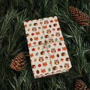 Papel de regalo Amigos del Bosque — Lindo papel de regalo de otoño, zorros, erizos y búhos, papel de regalo de animales de otoño imagen 7