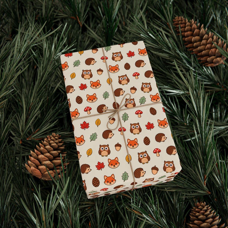 Papel de regalo Amigos del Bosque — Lindo papel de regalo de otoño, zorros, erizos y búhos, papel de regalo de animales de otoño imagen 7
