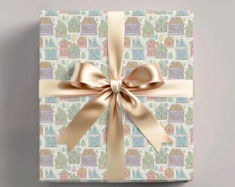 ジンジャーブレッドレーンギフトラップ、パステルジンジャーブレッドハウス、ホリデーギフトラップ、クリスマスジンジャーブレッド、お祝いラッピングペーパー、かわいいクリスマスペーパー