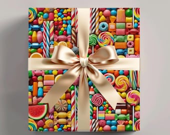 Papel de regalo con estampado de caramelos de colores: Papel de regalo para dulces