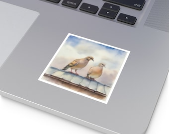 Watercolor Illustration of Two Mourning Doves on a Rooftop Sticker for Bird Fanatics, Waterproof