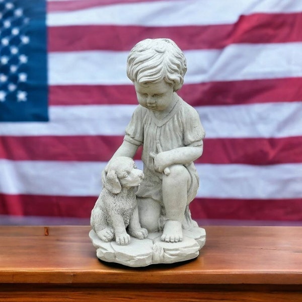 Kneeling boy with dog statue Concrete kid with puppy figurine Made in USA