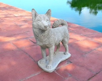 Siberian Husky standing on base figure Massive Siberian Husky dog Tail up Husky statuary Concrete pet grave gift Made in USA
