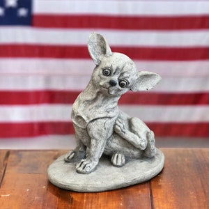 Detailed chihuahua dog on base statue Realistic chihuahua puppy memorial Outdoor pet grave marker Made in USA