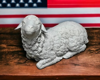 Laying lamb garden sculpture Farm looking up sheep outdoor statue Concrete rustic animal figure for decoration Made is USA