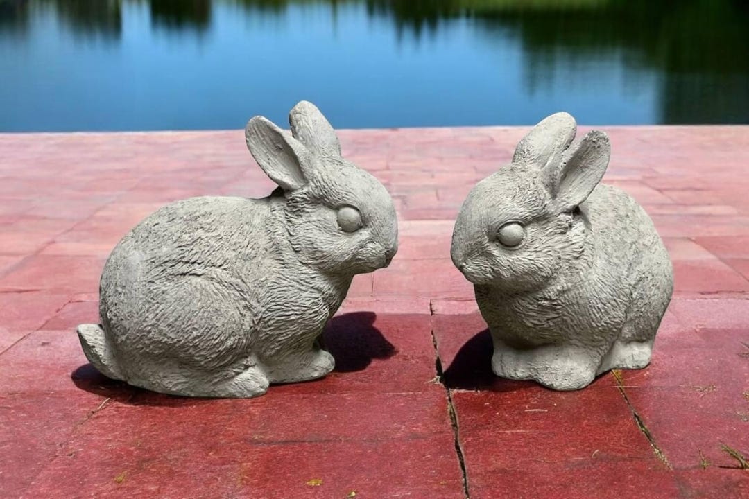 Two Bunnies Statue Pair of Rabbits Figures Wild Life Decoration Happy ...